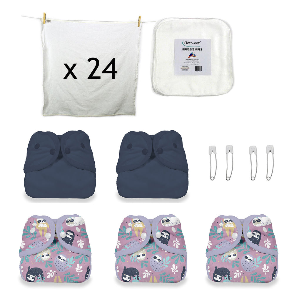 Set of cloth diapers with birdseye flats, wipes and navy and sloth print diaper covers