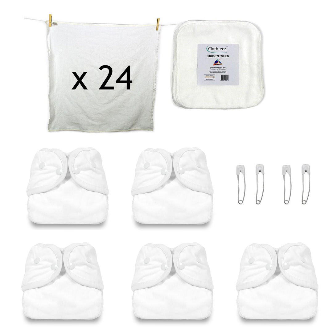 Set of cloth diapers with birdseye flats, wipes and white diaper covers