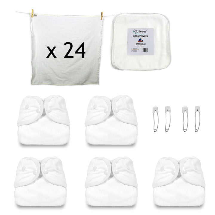 Set of cloth diapers with birdseye flats, wipes and white diaper covers