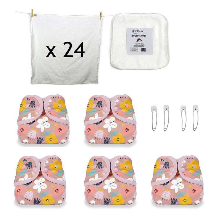 Set of cloth diapers with birdseye flats, wipes and bloomy flower diaper covers