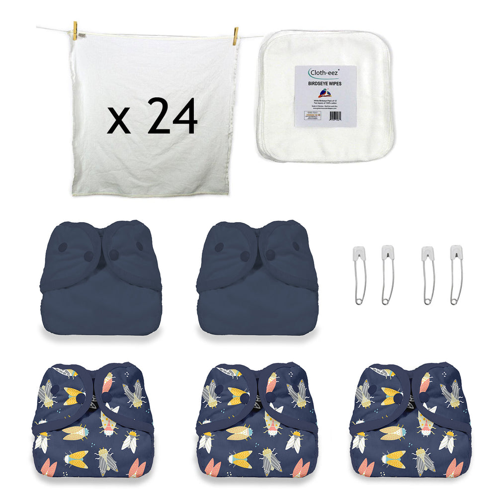 Set of cloth diapers with birdseye flats, wipes and navy and cicada print diaper covers