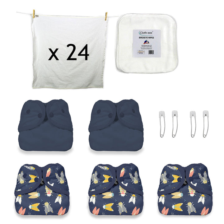 Set of cloth diapers with birdseye flats, wipes and navy and cicada print diaper covers