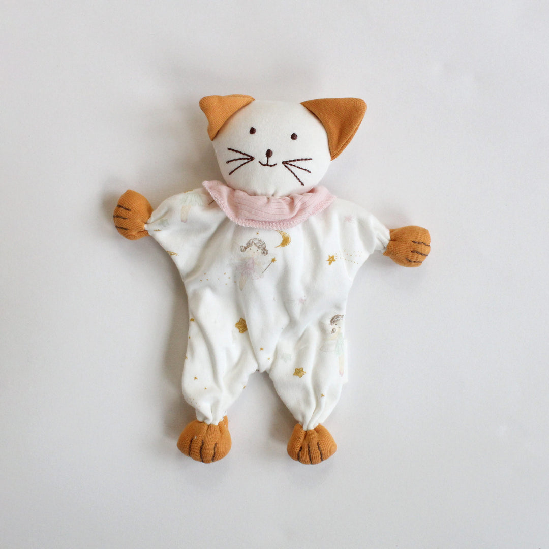 Cat-shaped plush toy with a pink scarf  made of organic cotton