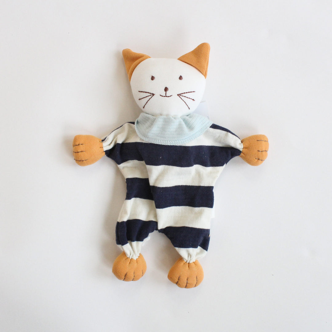 Organic Stuffed toy cat in a striped outfit on a white background made of organic cotton
