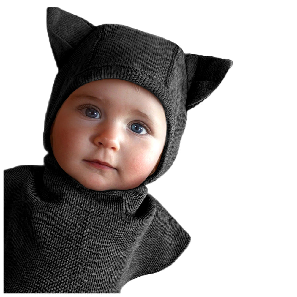Manymonths elephant hood black with kitty ears on a baby