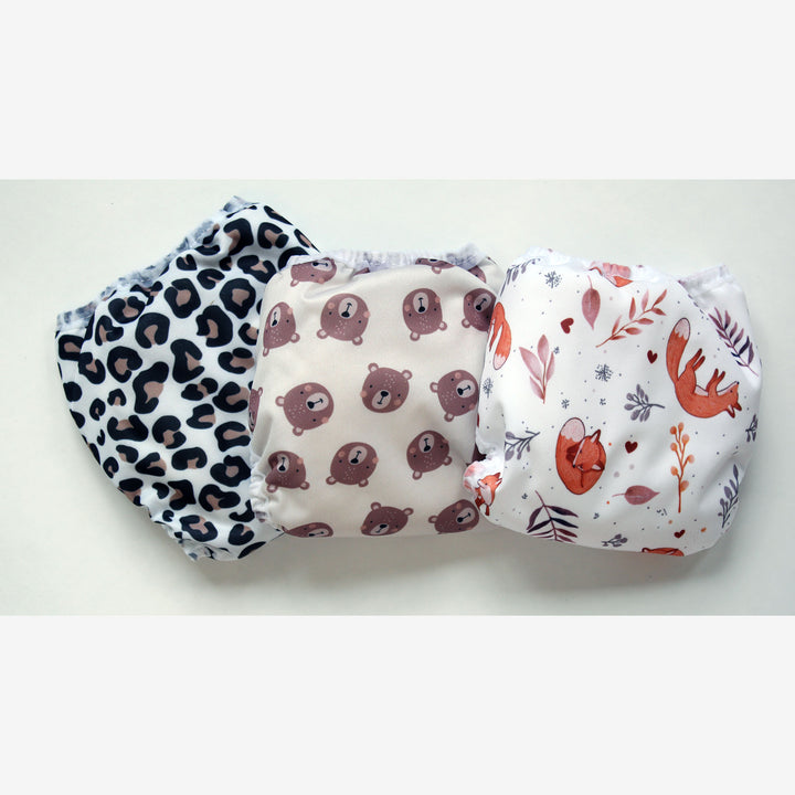 leopard, bear bottom and cozy fox newborn cloth diaper colors