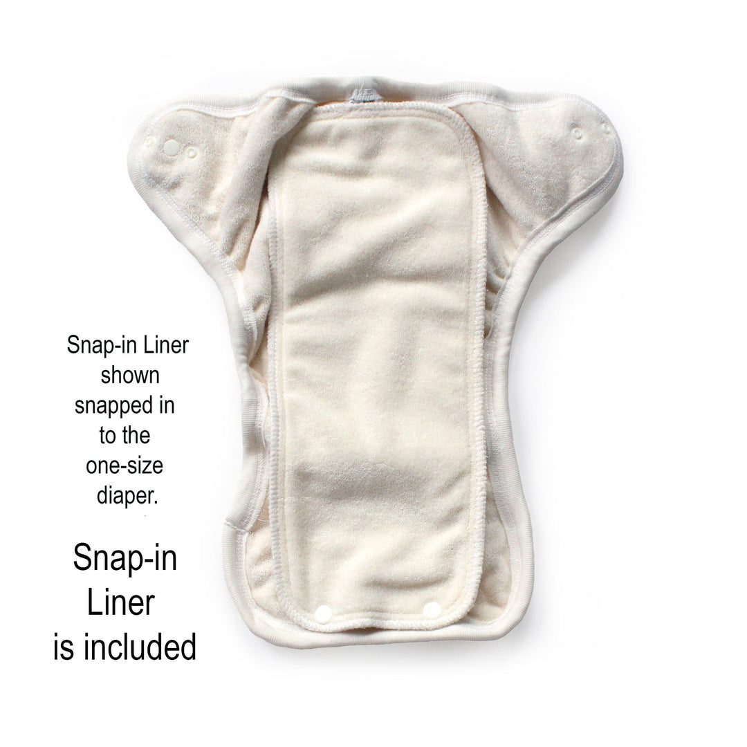 One-size diaper with snap-in liner on a white background