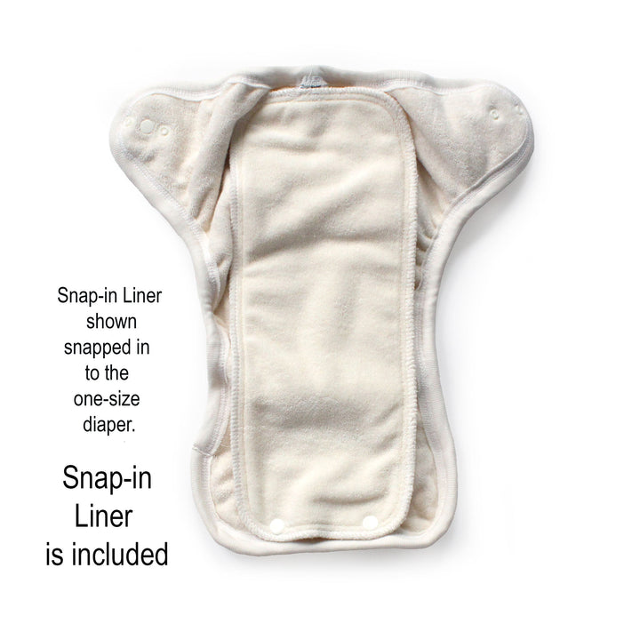 One-size diaper with snap-in liner on a white background
