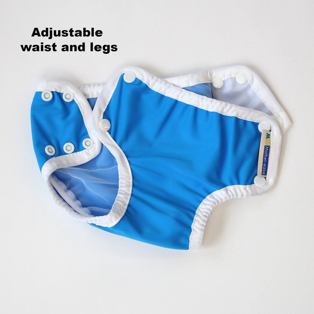 Blue swim diaper with adjustable waist and legs on a white background Mother-ease