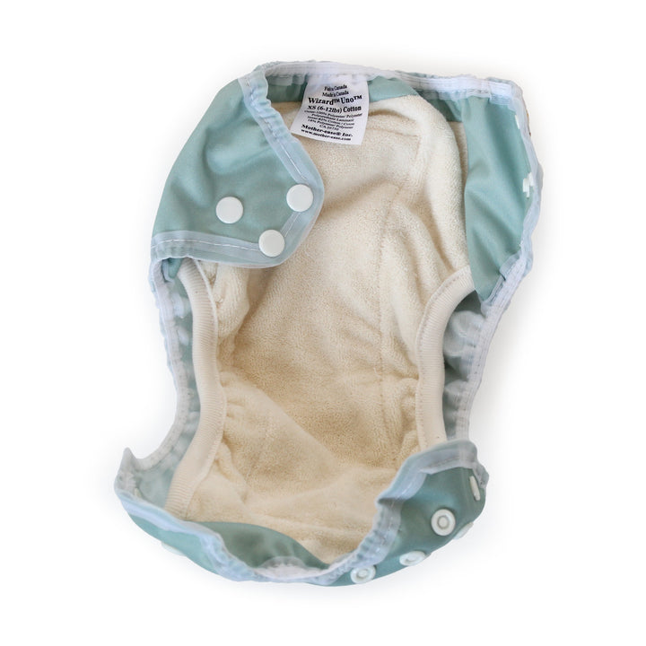 Mother-ease newborn all in one cotton cloth diaper inside Wizard Uno in sage color