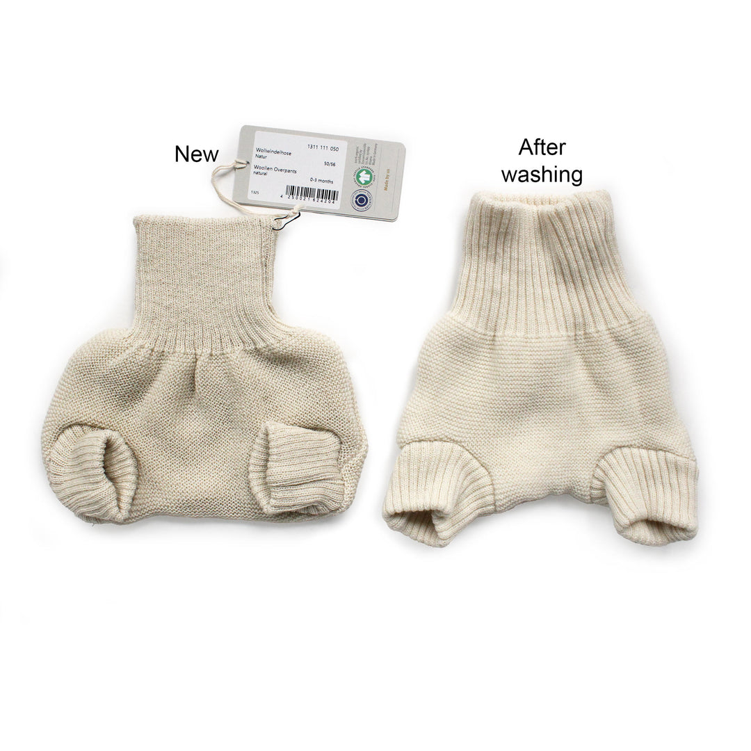 undyed natural knitted baby Disana merino wool cover labeled 'New' and 'After washing' on a white background.