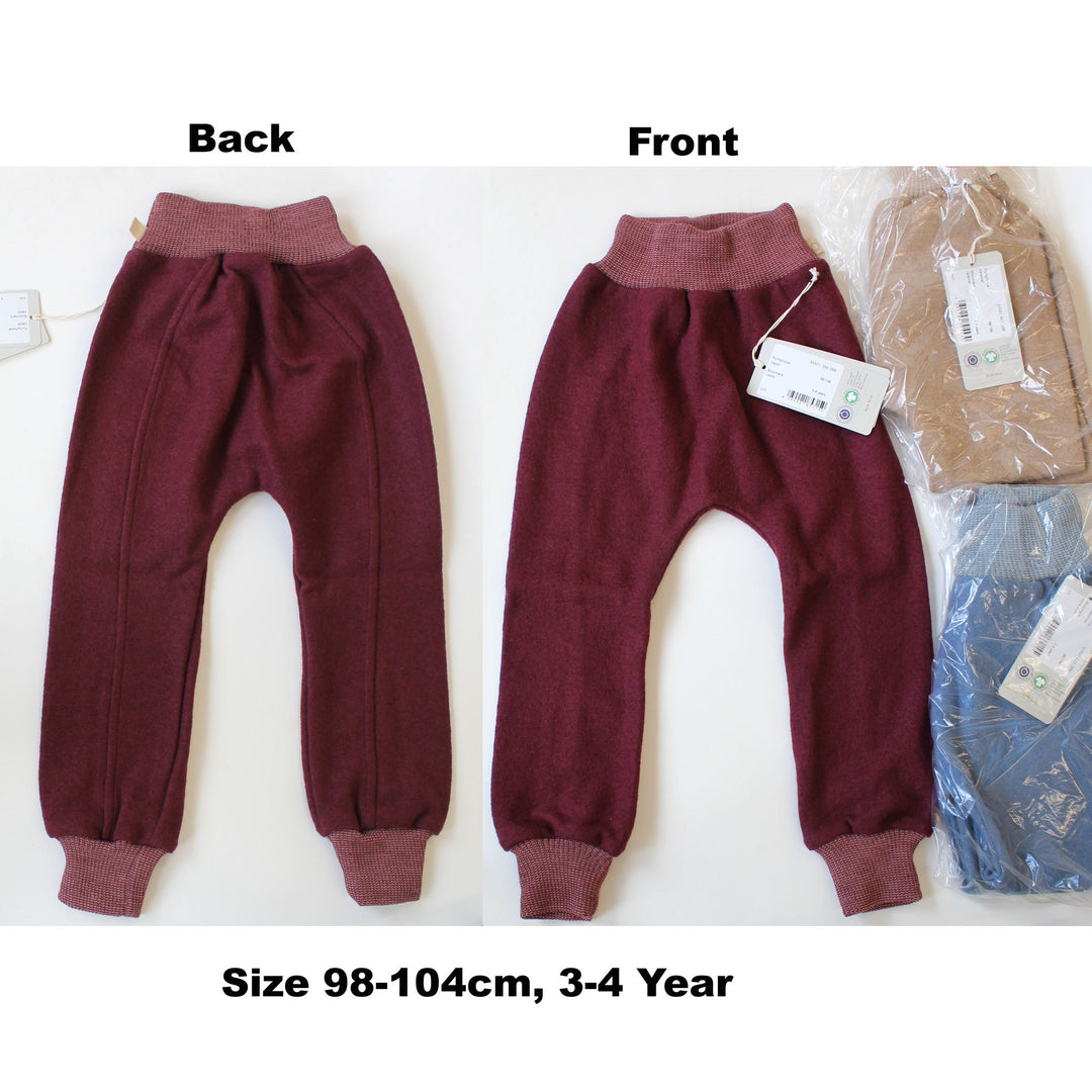 Maroon children's pants shown from front and back on a white background with size and age information.