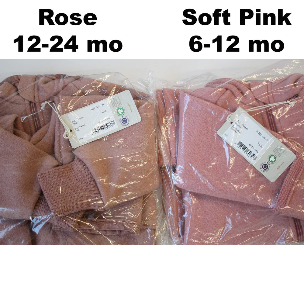 rose and pink Disana zip baby bunting compared