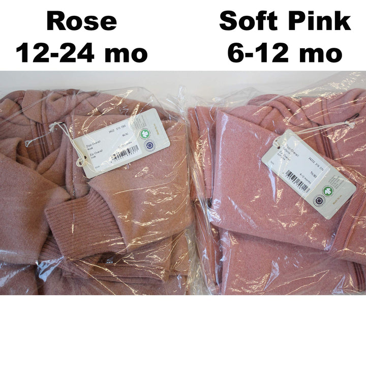rose and pink Disana zip baby bunting compared