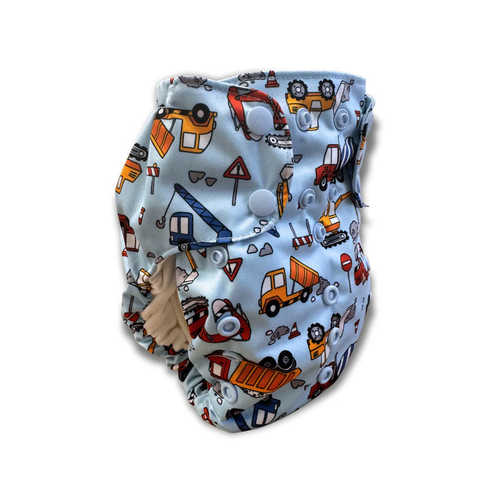 Smart Bottoms 4.0 organic cotton all in one cloth diaper dirt life construction trucks print