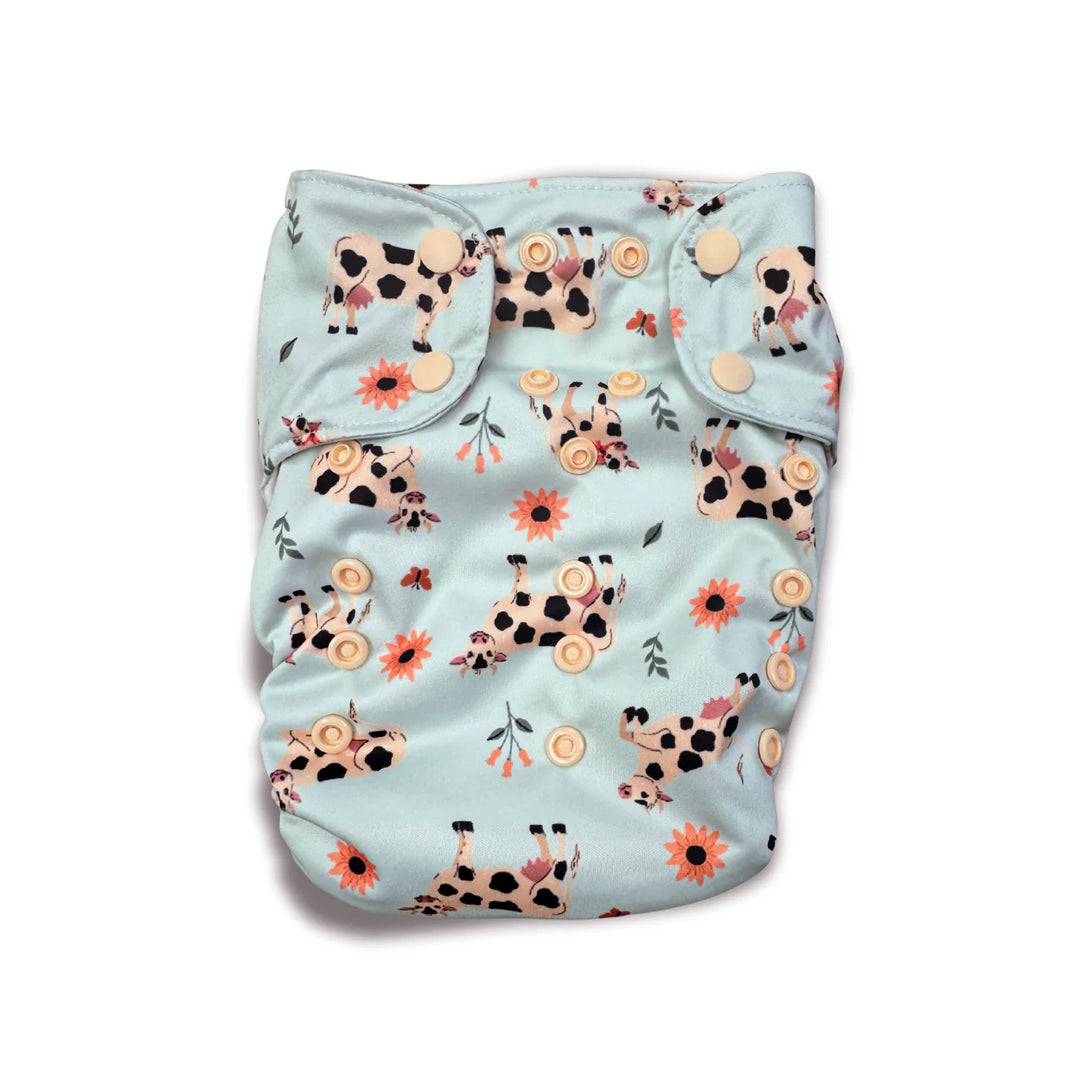 Smart Bottoms 4.0 organic cotton all in one cloth diaper moo and you cow print