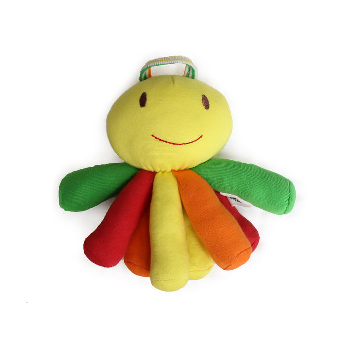 A colorful plush octopus baby toy with a yellow head, embroidered smile, green arms, and red, orange, and yellow tentacles, shown on a plain white background.