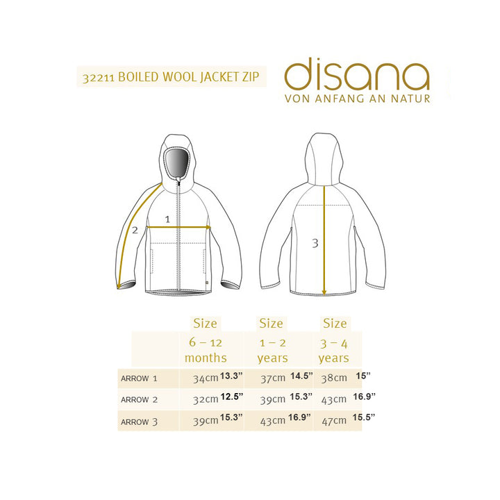 Disana boiled wool jacket size chart with measurements on a white background