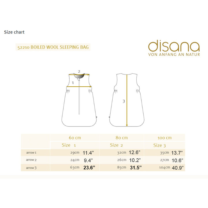 Size chart for a boiled wool sleeping bag with Disana branding in inches