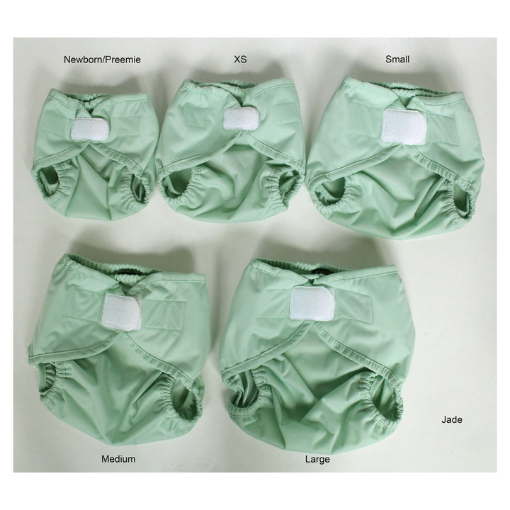 size comparison of Thirsties diaper cover hook and loop jade green