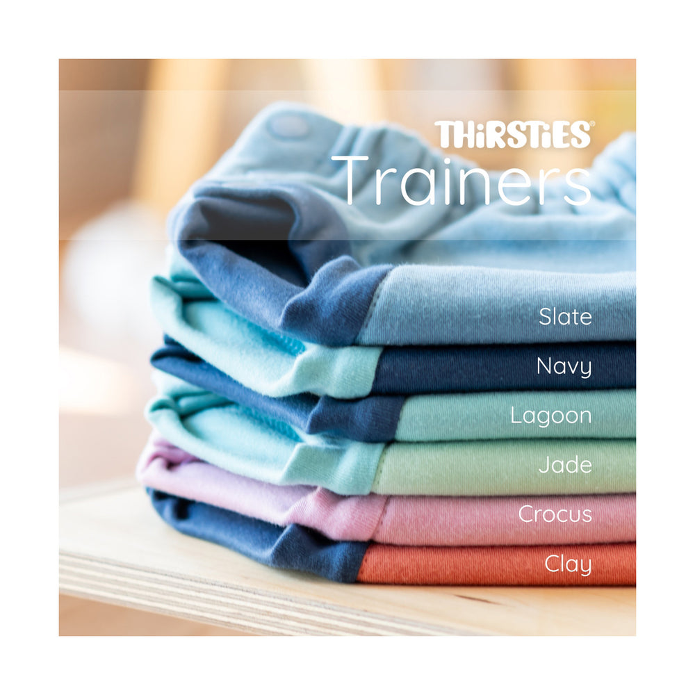 Stack of Thirsties potty training pants with color names 