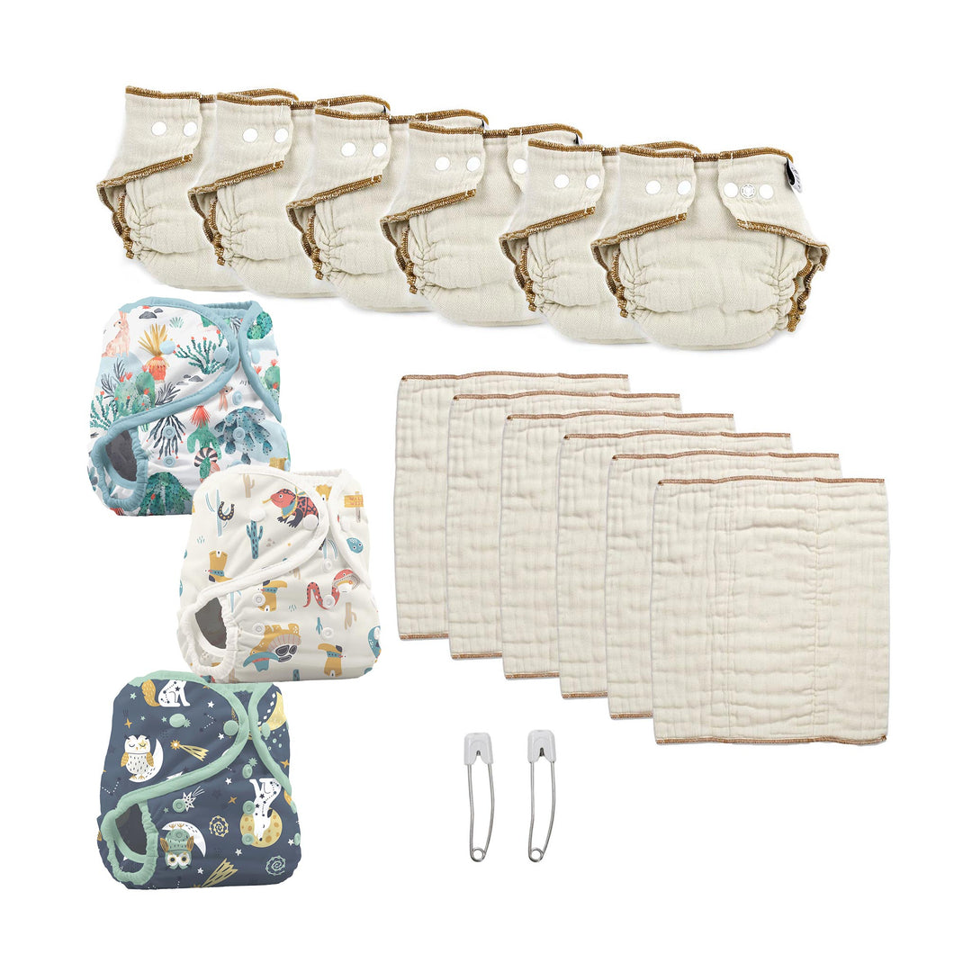 Kit try both kinds prefolds and fitted Workhorse cloth diapers and 3 diaper covers Desert Dunes, hoot and howl and Reptile Wranglers size large