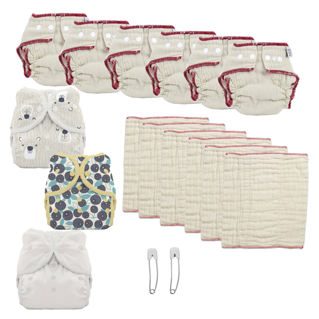 try both kinds of cloth diapers bearly birch and blueberry print diaper covers with prefolds
