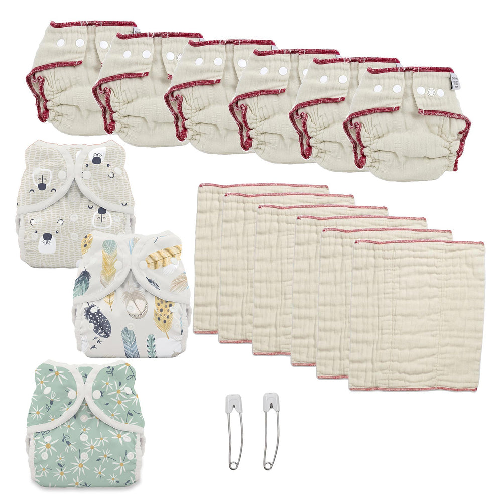 Cloth diaper kit for a 1 year old gender neutral bear print, feather and aster diaper cover