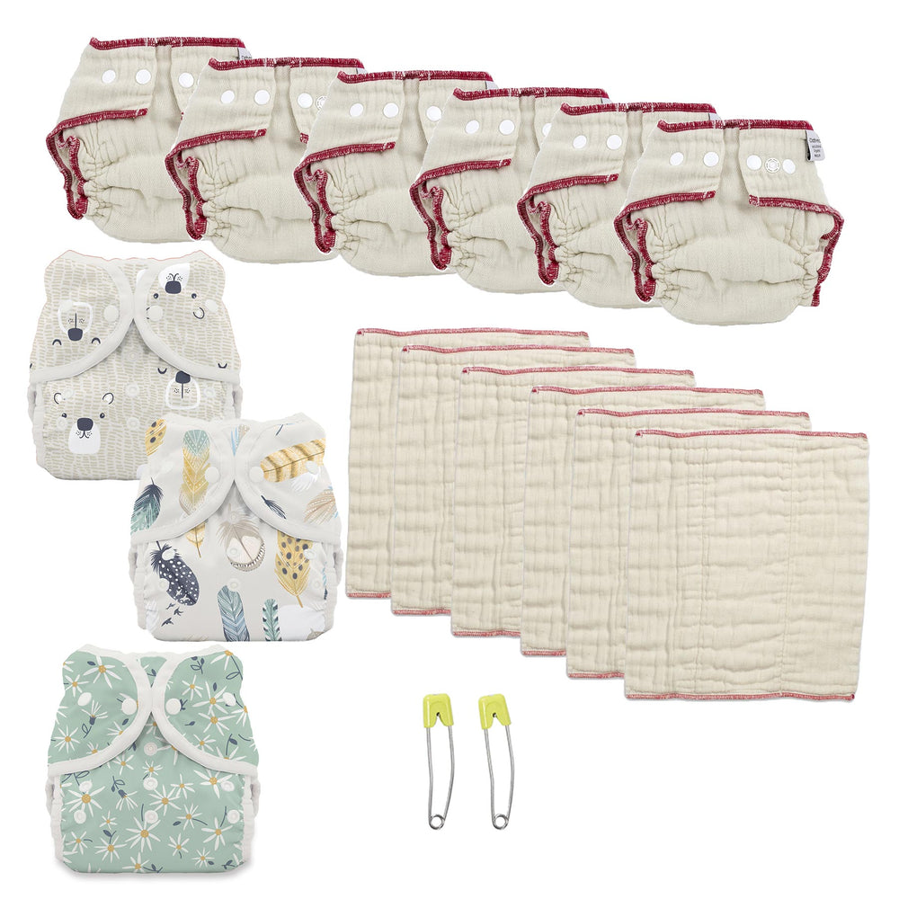 Cloth diaper kit for a 1 year old woodland aster print diaper cover