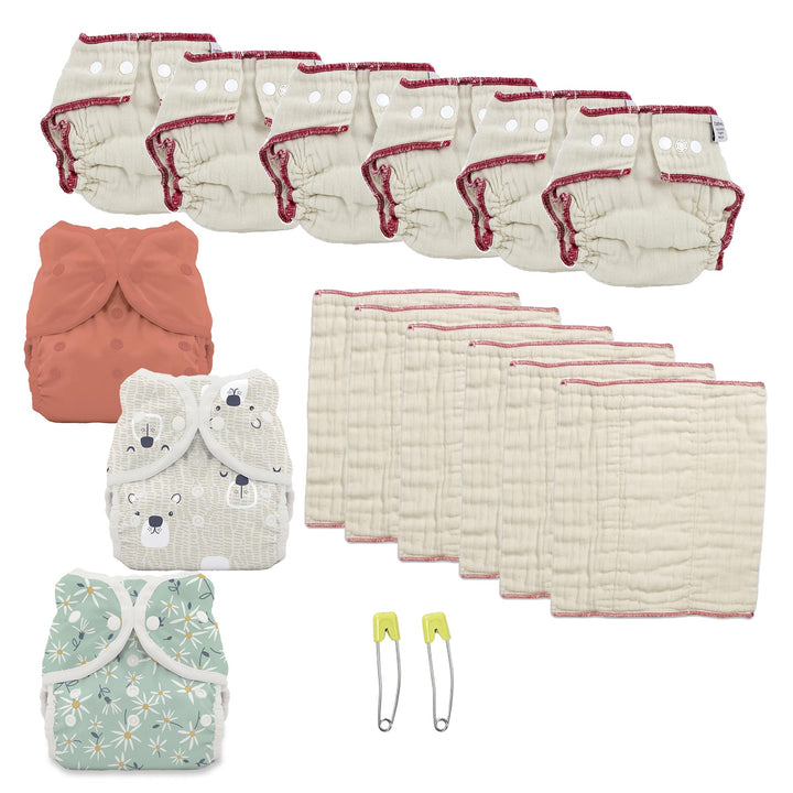 Cloth diaper kit for a 1 year old gender neutral bear print and aster diaper cover