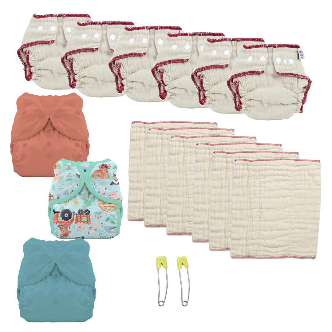 Cloth diaper kit for a 1 year old gender neutral farm print diaper cover