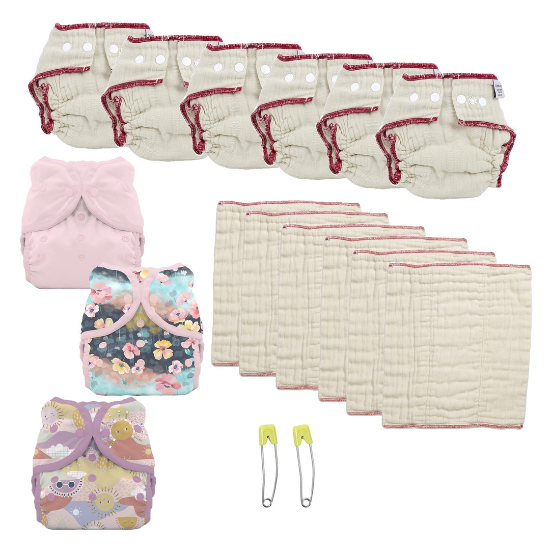 Cloth diaper kit for a 1 year old girl pink and flowers diaper cover