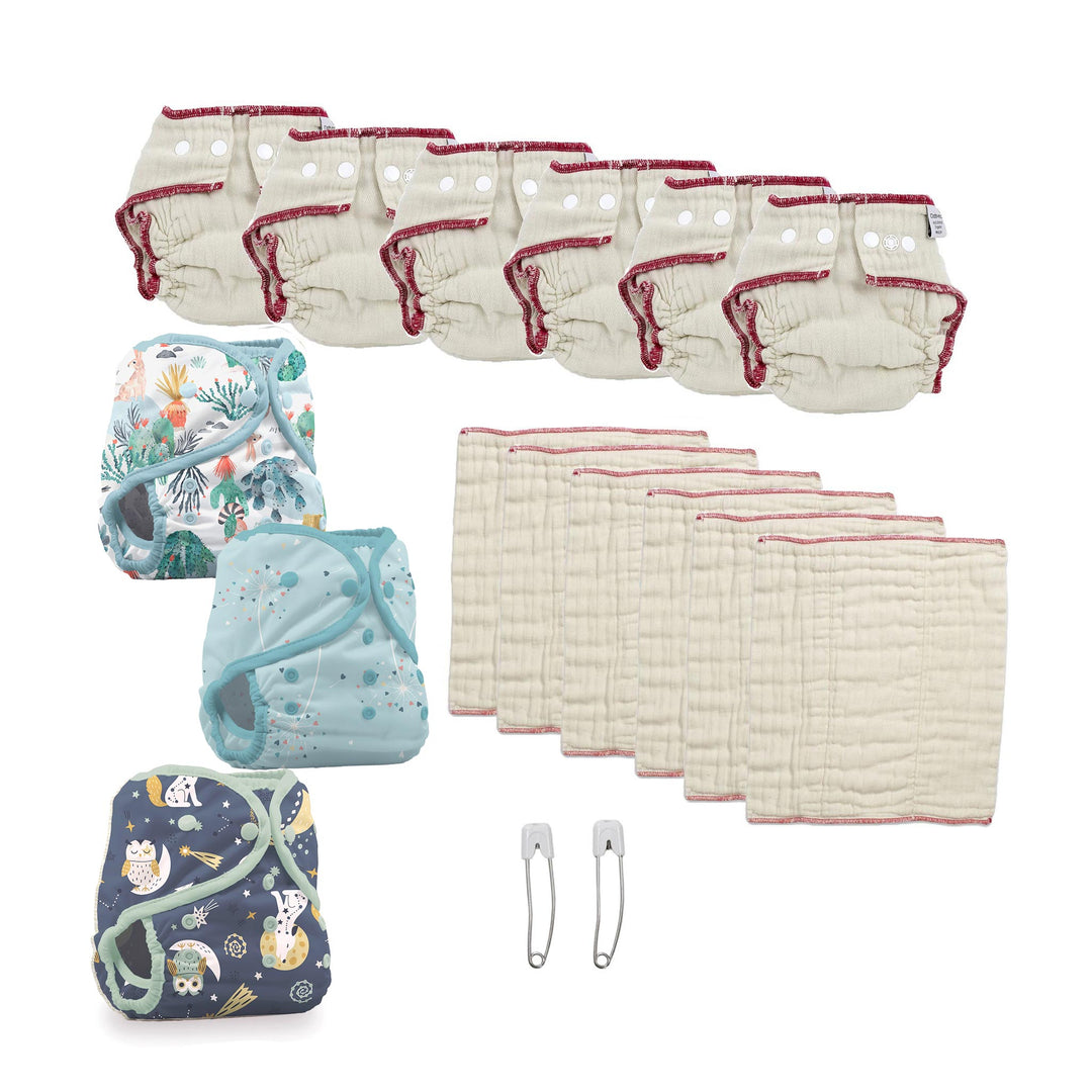 cloth diaper kit with fitted and prefold diapers  Desert Dunes, blowing kisses and Hoot n Howl