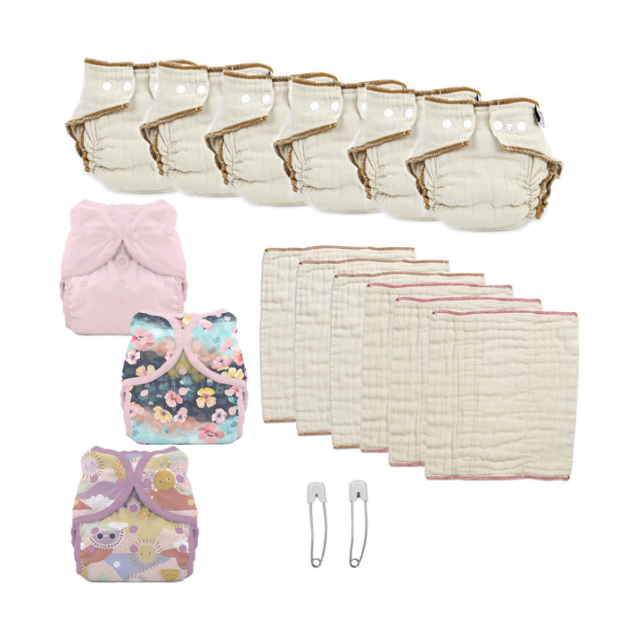 cloth diaper kit for a girl toddler with two sizes of prefolds pink