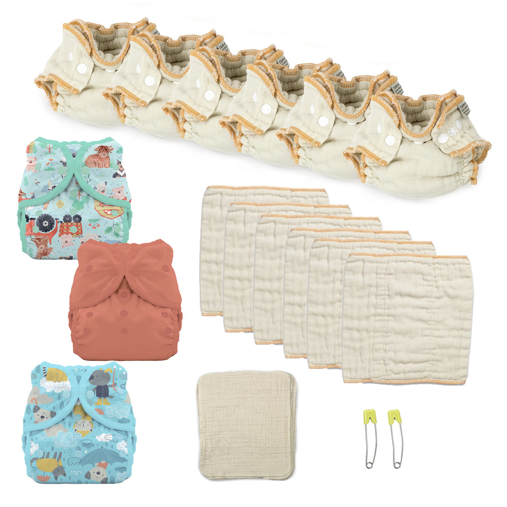 Newborn cloth diaper kit with farm print diaper covers, Workhorse and prefold organic diapers