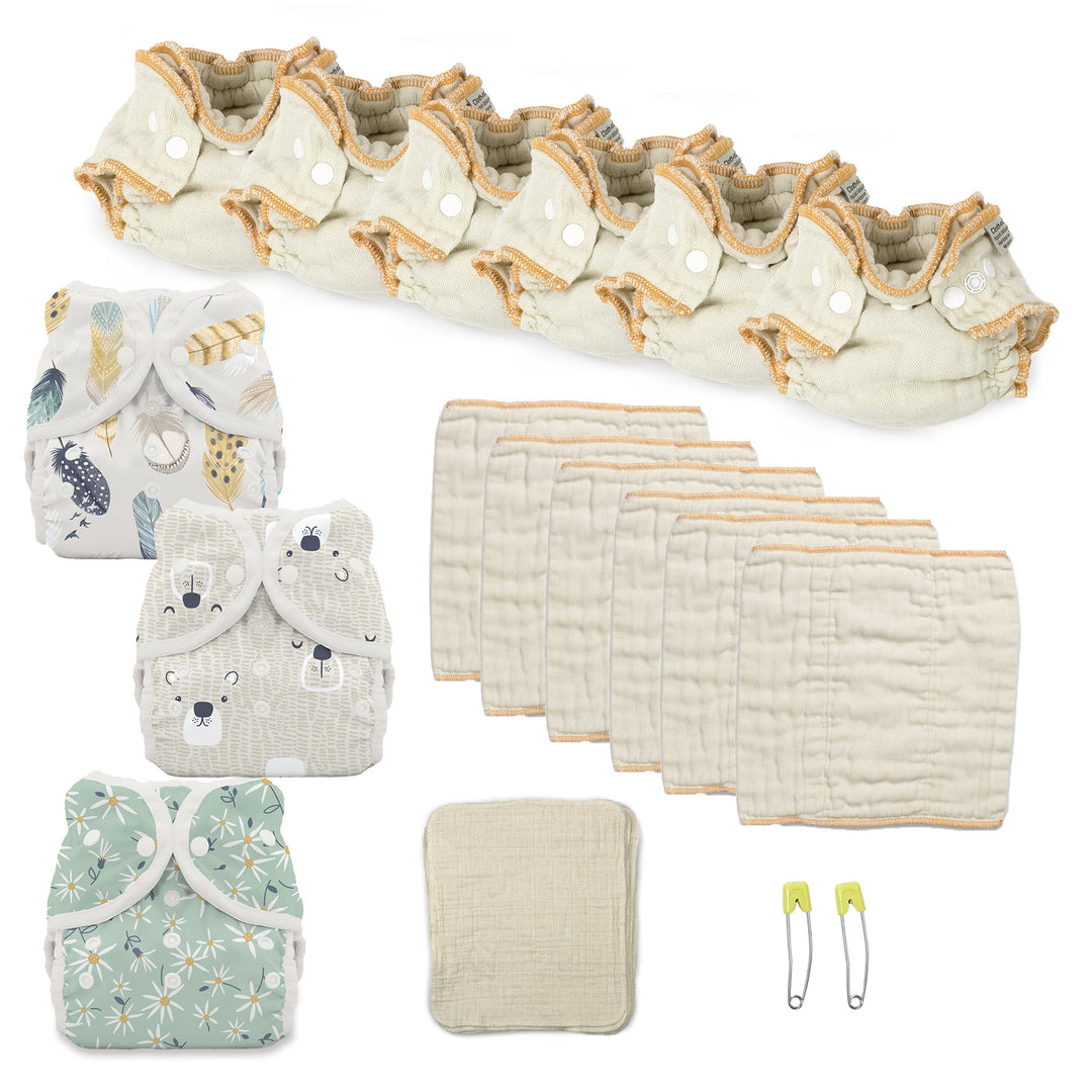 Newborn cloth diaper kit with white and flower diaper covers, Workhorse and prefold organic diapers