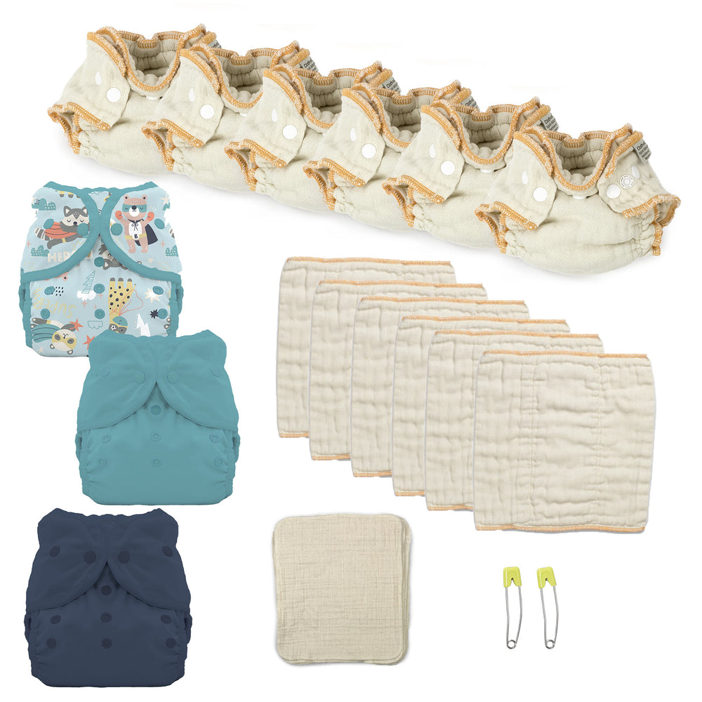 Newborn cloth diaper kit with blue and superhero diaper covers, Workhorse and prefold organic diapers
