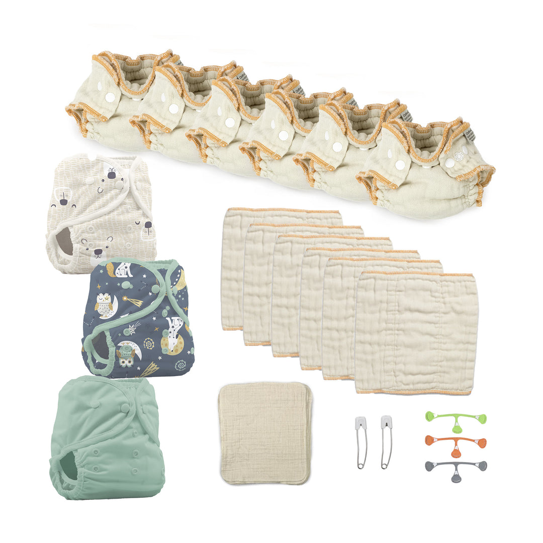 Newborn try both cloth diapers kit with fitteds and prefolds and gender neutral covers jade green