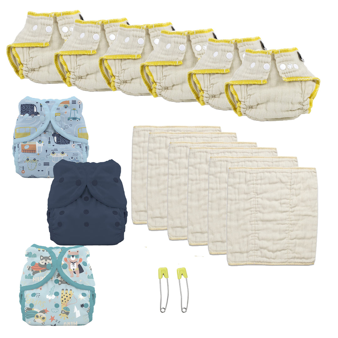 Infant cloth diaper kit try both for a boy traffic navy