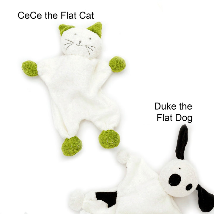 Cece the flat cat and Duke the flat dog organic cotton baby toys