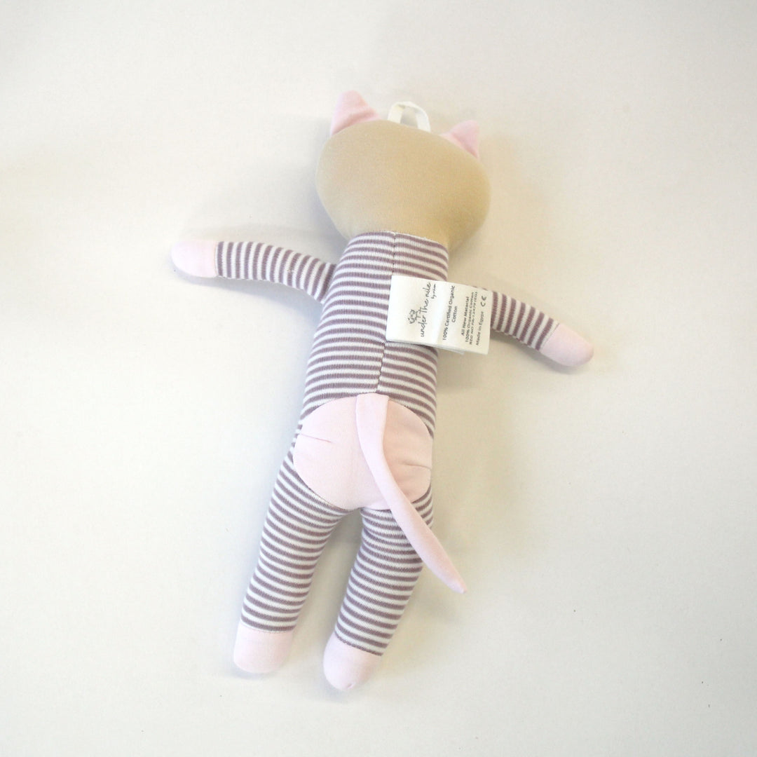 Under the Nile organic cotton stuffed cat toy baby pink striped with tail