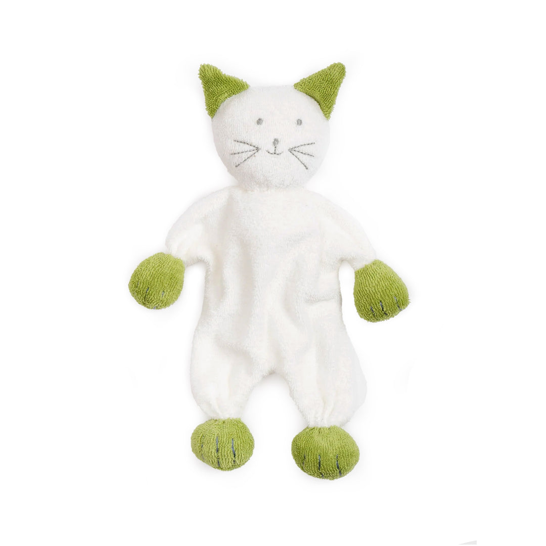 Under the Nile organic cotton plush cat toy with green paws and ears on a white background