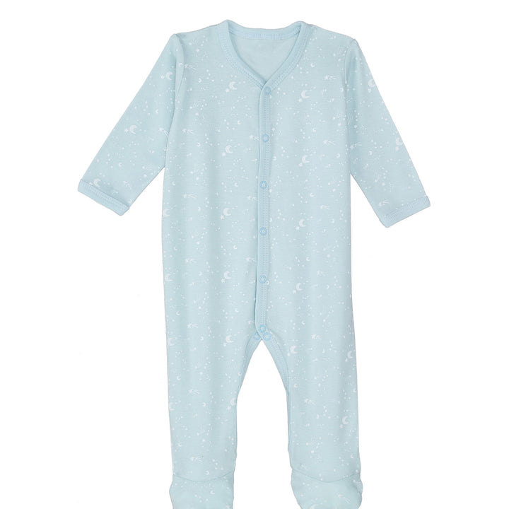 Light blue baby organic cotton footie outfit with star pattern