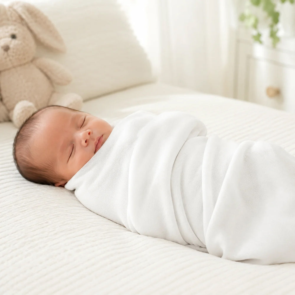 Newborn baby swaddled in white organic cotton under the nile blanket with soft toy in background