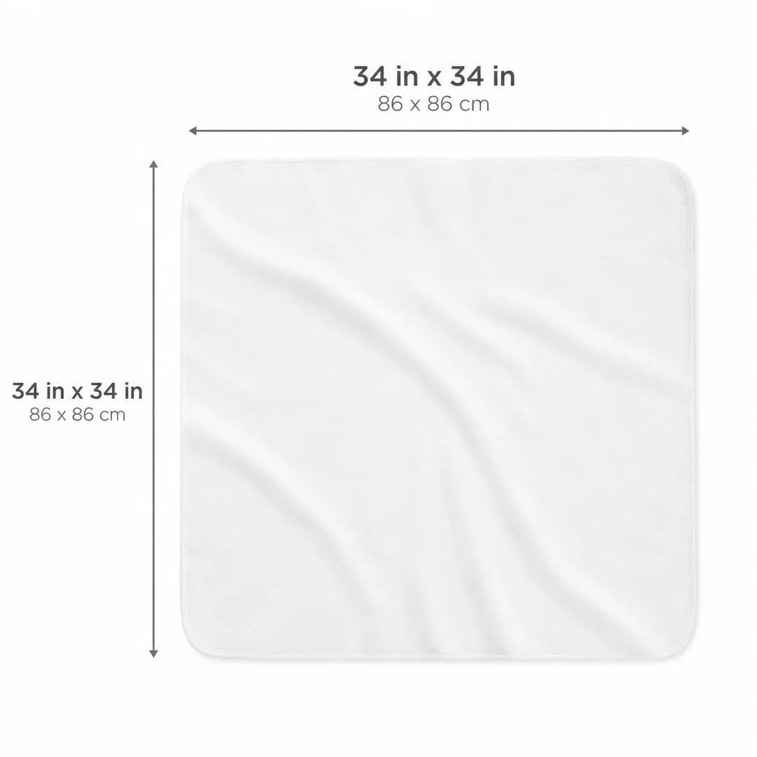 White square organic cotton receiving blanket with dimensions 34 x 34 inches and 86 x 86 cm