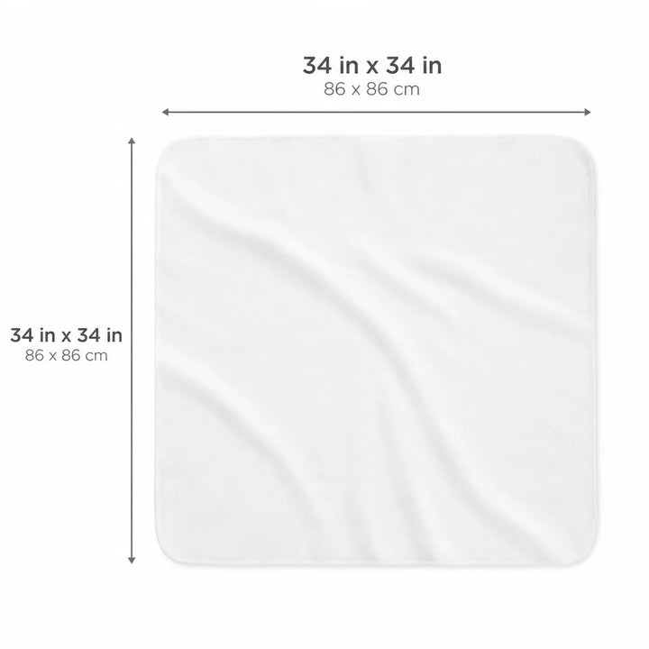 White square organic cotton receiving blanket with dimensions 34 x 34 inches and 86 x 86 cm