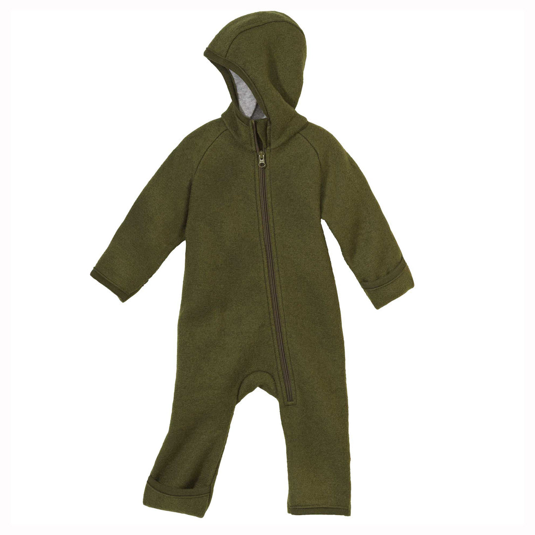 Green baby wool onesie with a hood on a white background